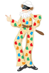 Male character with costume of the Italian harlequin mask isolated on white background