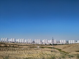 View on the white city of Ashgabat built in the desert of Turkmenistan