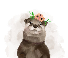 Cute otter with flowers, watercolor