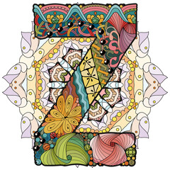 Mandala with letter Z. Vector decorative zentangle object