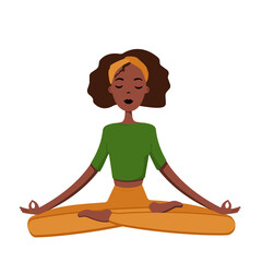 Woman meditating in the Lotus position and saying Om. Girl with practising the guided meditation. Modern flat illustration on yoga topic.Vector illustration. Yoga girl in levitation