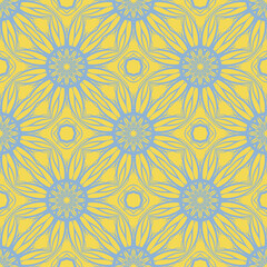 Seamless texture of different floral elements, triangles and other geometric shapes. For the design, printing, wallpaper. Vector illustration.