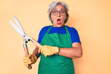 Senior hispanic woman wearing gardener apron and gloves holding shears scared and amazed with open...
