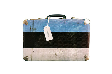 Old suitcase with the flag of Estonia. Isolated