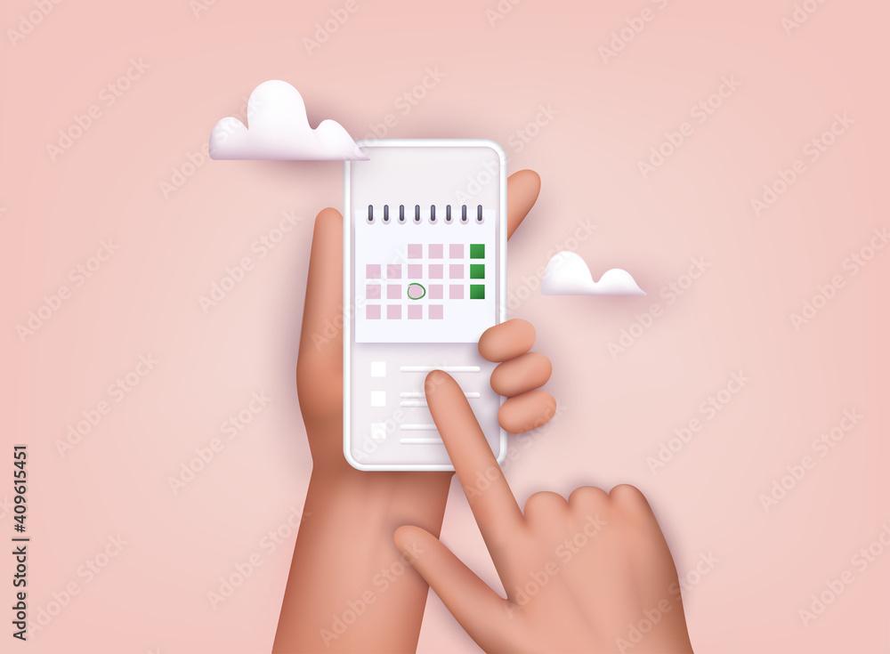 Poster hand holding mobile smart phone with calendar plan. vector modern flat creative info graphics design