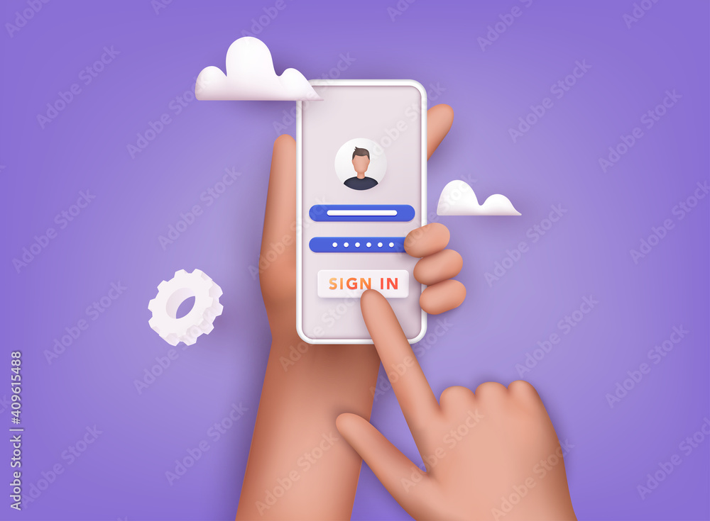 Poster sign in to online account on smartphone app. user interface. secure login and password. 3d vector il