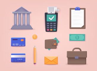 Money, finance, payments. Collection of business workflow items and elements, finance and marketing objects. 3D Vector Illustrations.