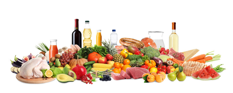 Assortment of fresh organic products on white background. Balanced food