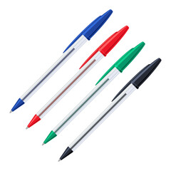 Common colored ballpoint pens in transparent plastic cases with caps set. Vector illustration