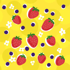 Summer seamless background with strawberry, blueberry and flowers.