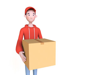 Delivery man in red cap t-shirt uniform holding cardboard boxes, copy space. Online shopping and express delivery. Trendy 3d illustration.