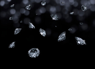 Falling 3D diamonds on black background