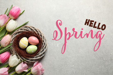 Hello Spring. Flat lay composition with painted Easter eggs in wicker nest and tulips on grey background