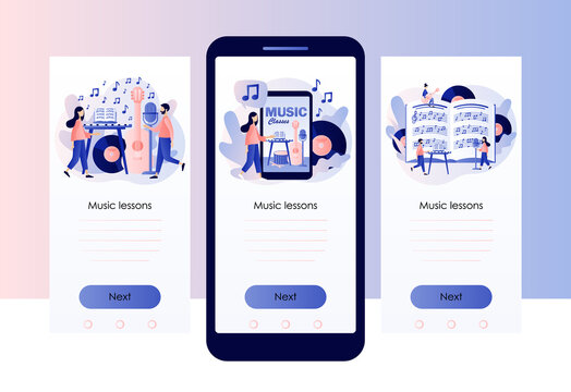 Music and vocal lessons. Online education. Tiny musicians with music notebook, microphone, guitar, keyboard, drum. Screen template for mobile smart phone.Modern flat cartoon style. Vector illustration