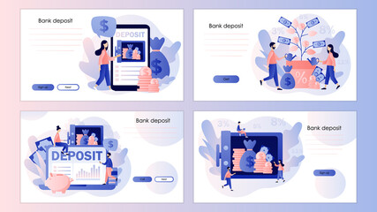 Deposit concept. Longterm money saving finance. Tiny people put money in bank safe. Screen template for mobile smart phone, landing page, template, ui, web, mobile app, poster, banner, flyer. Vector