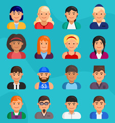 A group of young guys and girls in set collection for design. Vector illustration of flat design people characters.