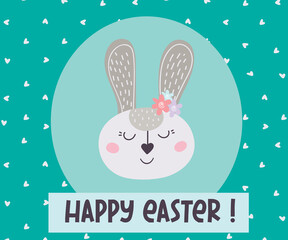  Happy Easter. Greeting card with Easter bunny . The Easter bunny. Vector illustration. Easter design, printing, postcards, stickers, invitations