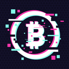 Crypto currency coin. Vector emblem. Blockchain technology background. Digital financial icon, glitch style.