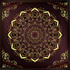Vintage background mandala card with golden lace ornaments and art deco floral decorative elements