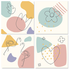 Flamingos, Heart, Leaves and Flowers. Hand drawn outline style  with various shapes and doodle objects. Abstract Geometric Memphis card pastel colors. Minimal Continuous line Vector illustration.