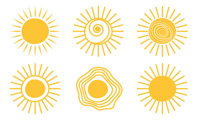Yellow doodle sunshine logo icon sun. Warm star drawing set. Hot sun doodle summer scribble hand drawn sunshine vector illustration isolated white