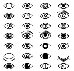 Eye outline set icons. Close and open eyes shapes with lashes. Line optical vision signs in line style. Collection black shapes supervision and searching eyeball vector illustration