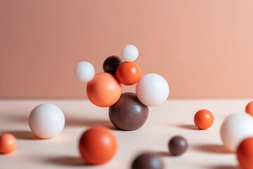 Modern composition with pastel round objects. Minimalistic geometric balls on white and beige background. Still life with harmony and balance concept