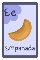 Alphabet food educational card on violet background, Letter E - empanada. School, education, study, learning concept. English language.