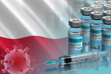Poland to launch COVID-19 vaccination campaign. Coronavirus vaccine vials, Covid 19 cells and flag of Poland. Fighting the epidemic. Research and creation of a vaccine. 3D illustration.