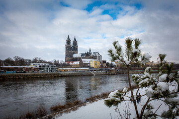 Fototapeta premium Skyline von Magdeburg mit Magdeburg an dem Fluss Elbe im Winter, Sachsen-Anhalt, Deutschlad, Elbpromenade an einem Wintertag mit Kathedrale, Elbufer, querformat 