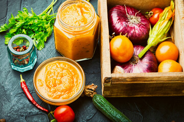 Vegetable caviar in glass jar