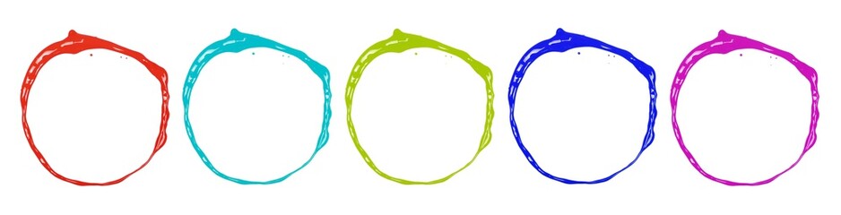 Set colorful circle paint spill isolated on white background, top view