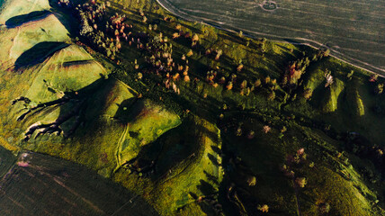 Nice view from a drone to the hills at sunset.