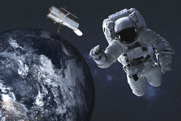 Giant astronaut and satellite telescope near Earth planet of solar system at night. Science fiction...