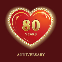 80 years anniversary, greeting card, icon, logo, banner. Vector design with heart shape on red background for 80th birthday