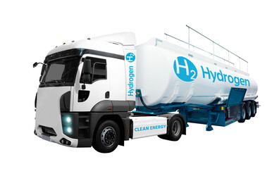 Truck on hydrogen fuel with H2 tank trailer isolated on a white background.