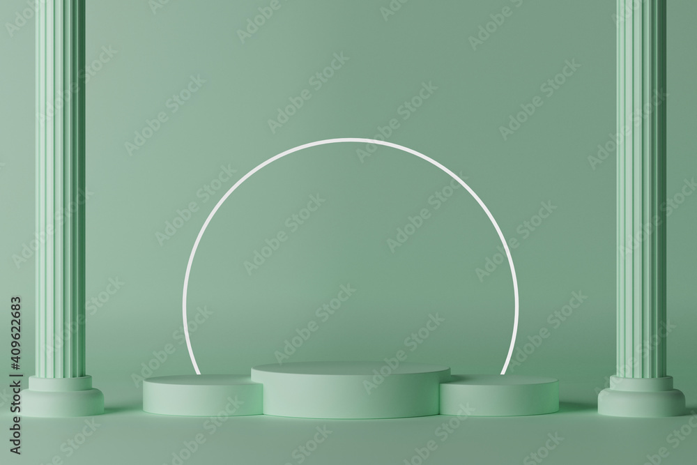 Poster 3d rendering empty cylinder podium between two columns on light green background.