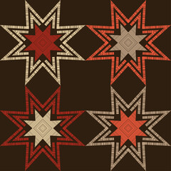 Mosaic with geometric shapes. Seamless pattern. Design with manual hatching. Textile. Ethnic boho ornament. Vector illustration for web design or print.