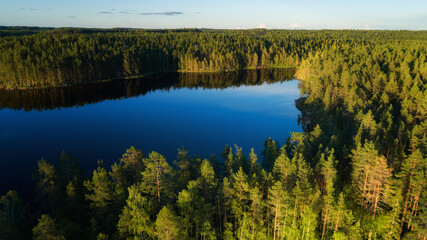 Fototapeta na wymiar Aerial panoramic view of Haukkajarvi lake at sunset surrounded by forests of Helvetinjarvi national park. Finland.