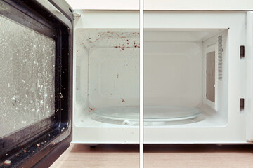 Cleaning a dirty tray of the microwave oven before and after the problem is resolved.