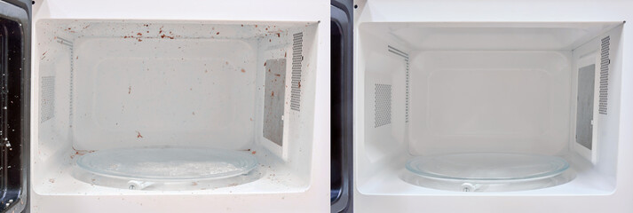 Clean and dirty microwave before and after cleaning, close-up. Kitchen appliances after washing and cleaning. - obrazy, fototapety, plakaty