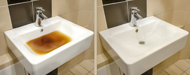 Blockage in the sink before and after the problem is resolved. Clog problems in the bathroom and...