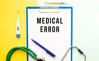 MEDICAL ERROR text on a letterhead in a medical folder on a beautiful background.