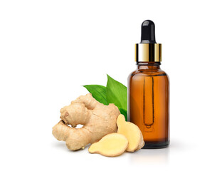 Ginger essential oil extract with  rhizome sliced isolated on white background.