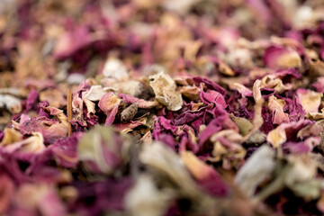 Macro texture of natural dry rose herbal tea