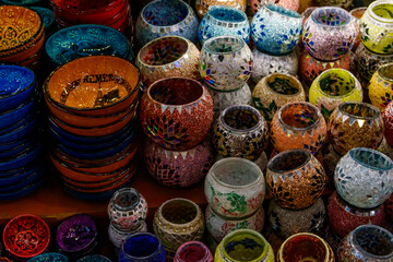 Traditional turkish crockery at oriental bazaar. Souvenirs from Turkey