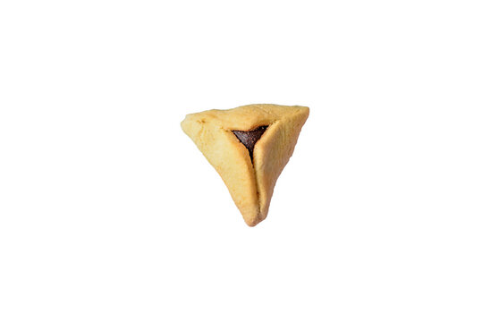 Purim holiday concept. One isolated Hamantash on whte background. Hamantaschen triangular pastries also called Haman's pockets or Oznei Haman-Haman's ears.