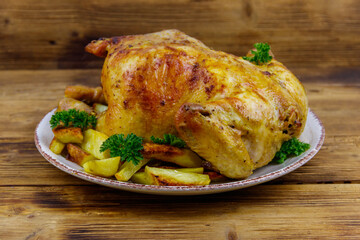 Baked whole chicken with potato on a wooden table