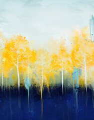 drawing of yellow abstract trees with splashes of watercolor