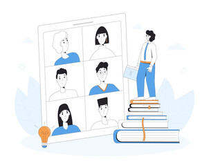 Online education. Remote learning. Teacher and students remote communication. Internet webinar, lecture or online video training. Vector color line art illustration.